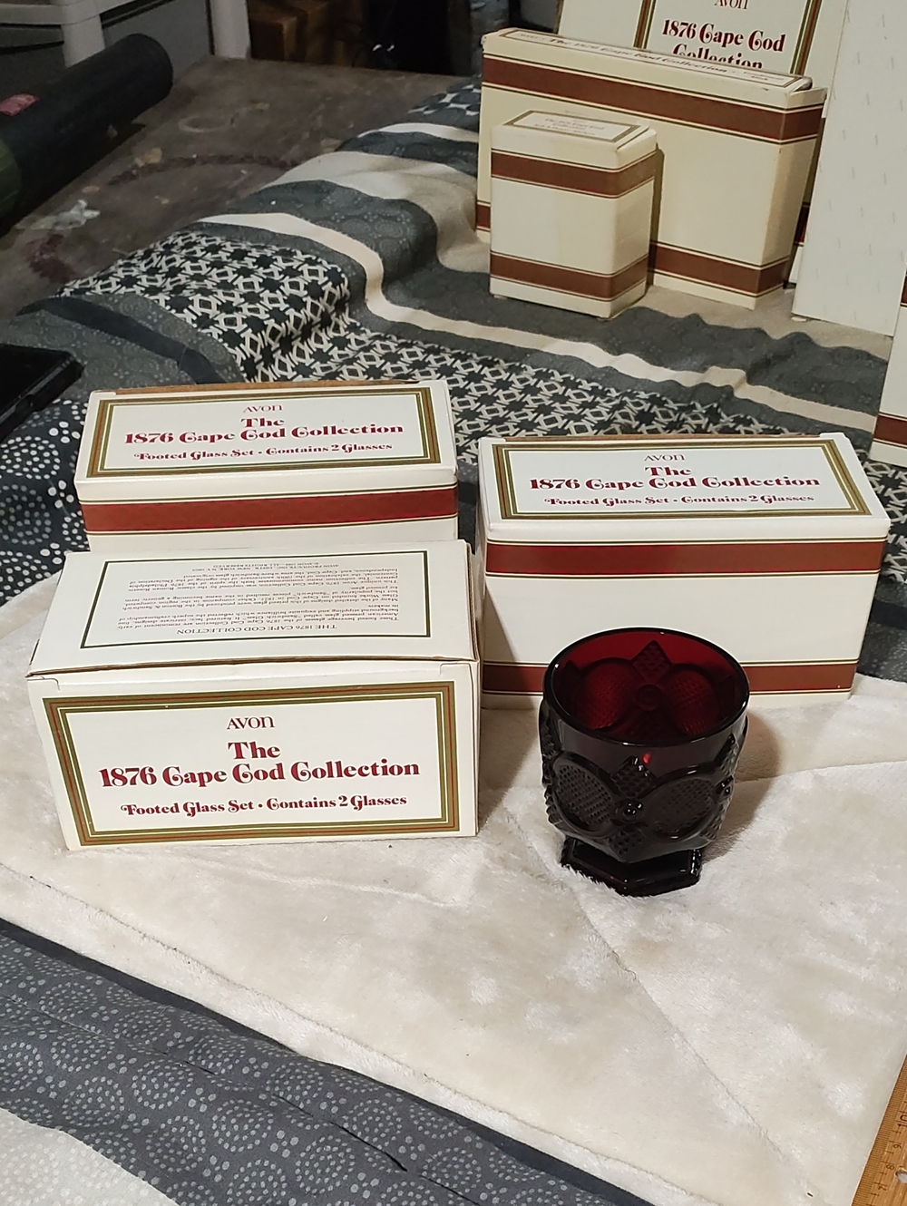 6 Glasses/ 3 Sets Avon 1876 Cape Cod Collection Deep Ruby Red Footed Glass